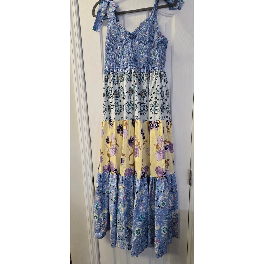 Blue Floral Patchwork Smocked Tiered Maxi Dress Cottagecore Romantic M NEW